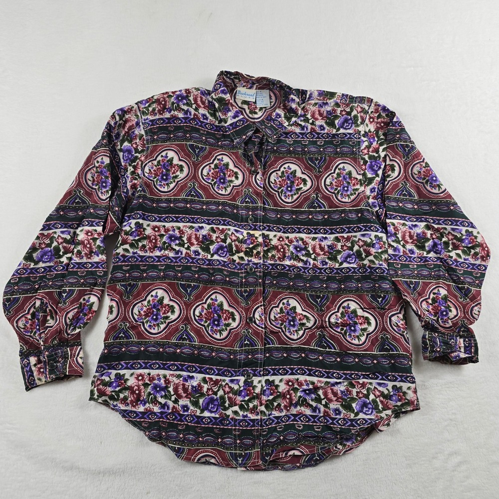 Backroad Blues Vintage 100% Silk Floral Medallion Button Down Shirt Women Medium